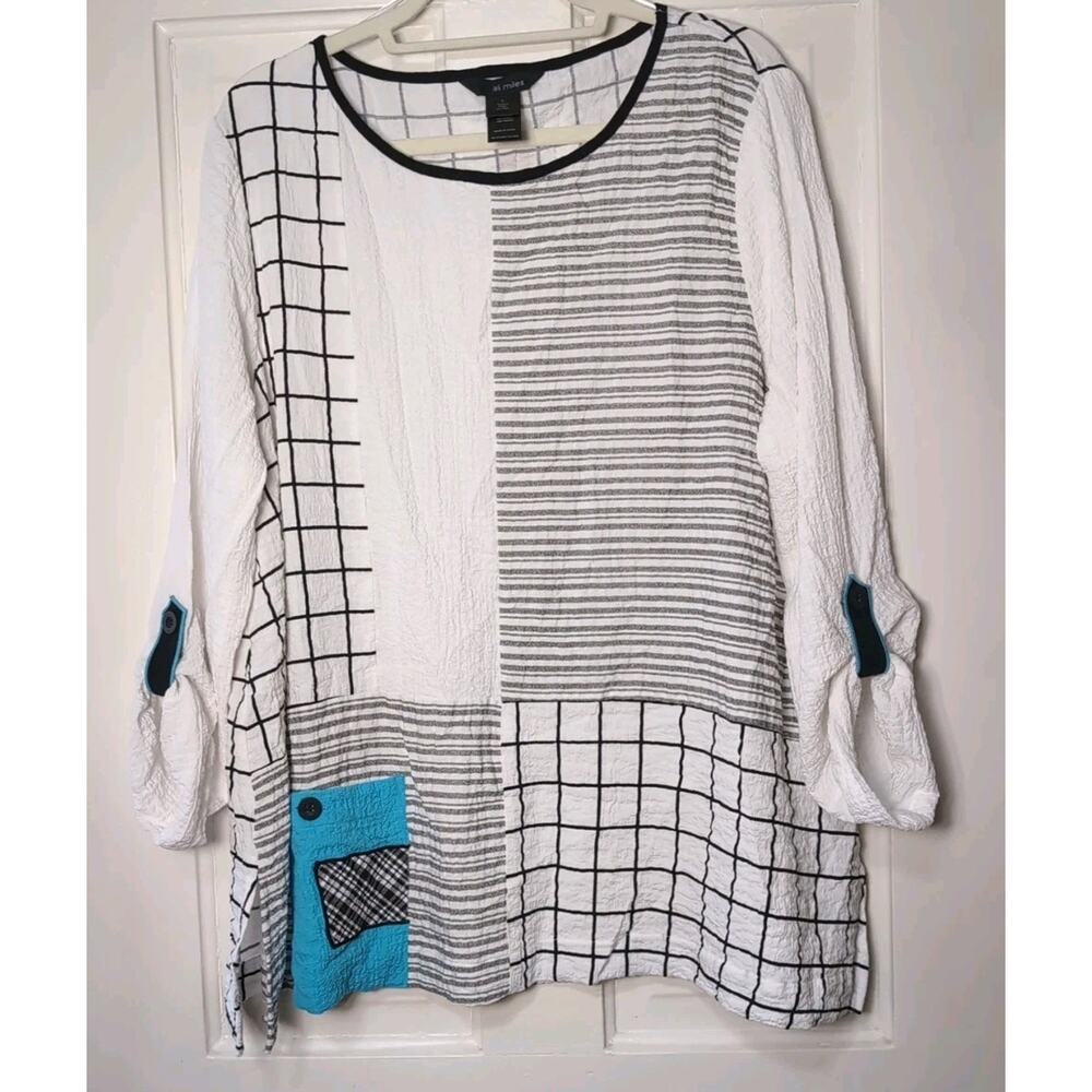 Ali Miles Shirt White Black Crinkle Roll Tab Sleeve Artsy Tunic Woman's L(1037)
